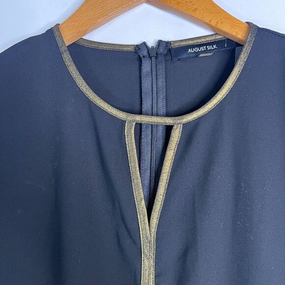 August Silk NWT Black Gold Trim Keyhole Bell Sleeve Silky Blouse Size Small - Picture 3 of 10